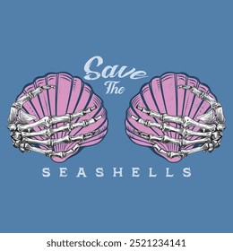 Save the Seashells shirt, breast cancer awareness shirt, beach themed breast cancer shirt, breast cancer survivor shirt, skeleton hand pearl shell, vintage seashell print art