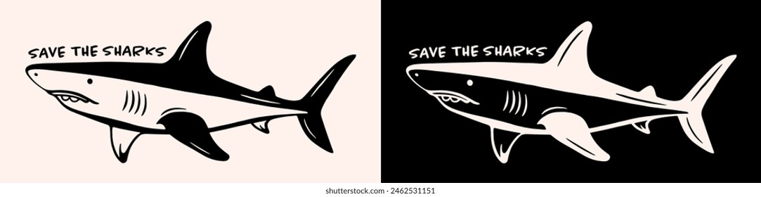 Save the sharks drawing sticker retro tattoo aesthetic. Ocean lover conservation protection stop say no to finning against shark fin trade activist banner printable vector print graphic shirt design.