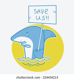SAve sharks and stop finning soup.Vector protest card background on white
