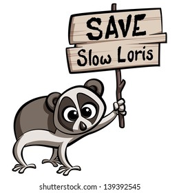 Save Slow Loris cartoon animal protesting holding a placard