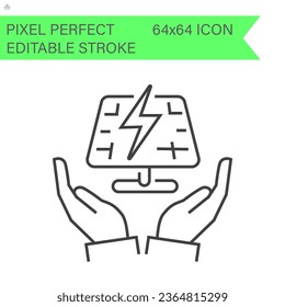 Save solar electricity. Hands holding recycling sign. Thin line icon. Vector illustration. ecology icons .Editable Stroke. 64x64 Pixel Perfect.