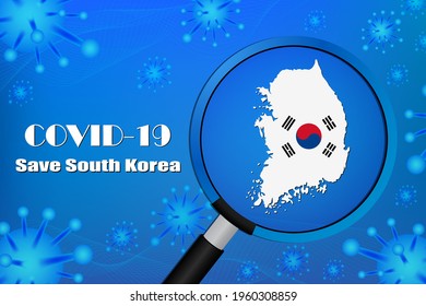 Save South Korea for stop virus sign. Covid-19 virus cells or corona virus and bacteria close up isolated on blue background,
Poster Advertisement Flyers Vector Illustration.