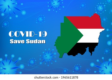 Save Sudan stop the virus sign. Covid-19 virus cells, coronavirus or bacteria close up, isolated on blue background, Poster Advertisement Flyers Vector Illustration.