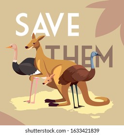 save them label with wild animals of australia vector illustration design