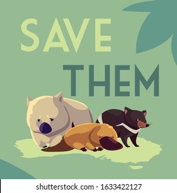 save them label with wild animals of australia vector illustration design