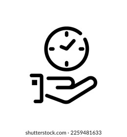Save time black line icon. Businessman in hands is holding a watch, alarm clock. Vector illustration flat design. Isolated on background. Controlling time. Successful strategy planning. 