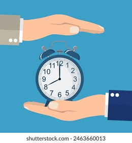 Concepto Ahorra tiempo. Hombre de negocios en las manos está sosteniendo un reloj, reloj despertador. Controlar el tiempo. Planificación de estrategia exitosa. Ilustración vectorial en estilo plano