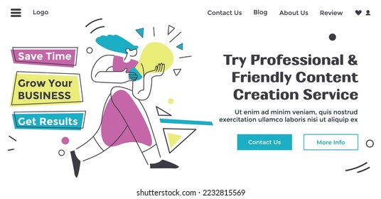 Save time and grow your business. Get results with professional and friendly content creation service for product. Assistance and help. Website landing page, internet site. Vector in flat style