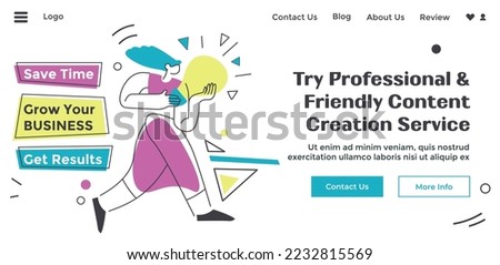 Save time and grow your business. Get results with professional and friendly content creation service for product. Assistance and help. Website landing page, internet site. Vector in flat style