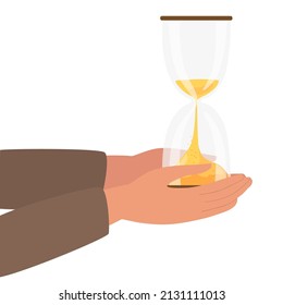 Save time. Human Hands holding Hourglass timer isolated clock. Running sandglass. Sandglass Icon. Sand Timer. Time and business management concept. Color Flat cartoon vector illustration on white.