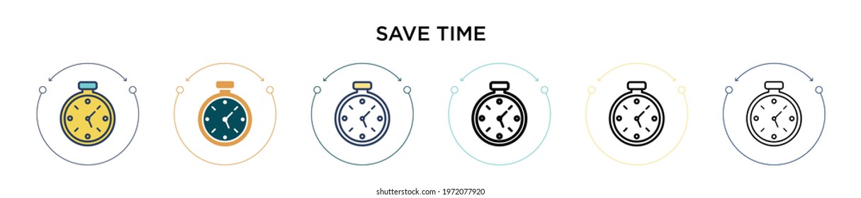 Save time icon in filled, thin line, outline and stroke style. Vector illustration of two colored and black save time vector icons designs can be used for mobile, ui, web
