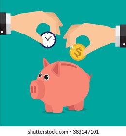 Save time and money with a piggy bank. Illustration in vectors.