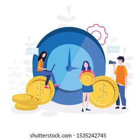 Ahorra tiempo, dinero. El tiempo es dinero. Negocios y gestión, inversiones financieras en el futuro crecimiento de los ingresos del mercado de valores, planificación de la gestión del tiempo, Plazo. Ilustración vectorial para banner web.