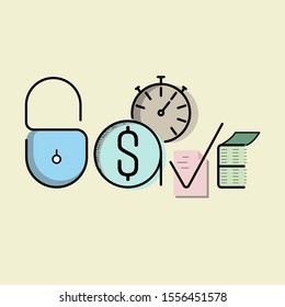 Save time and money typographic design. Vector illustration outline flat design style.