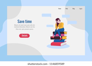 Save time poster template with adult sad woman sitting at big books pile in thoughtful pose scratching head with negative emotions. Vector illustration and doubtful female charcater.
