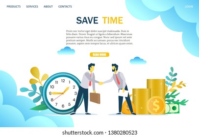 Save time vector website template, web page and landing page design for website and mobile site development. Money saving, time is money, business and time management concept.