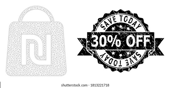 Save Today 30% Off dirty stamp seal and vector shekel shopping bag mesh model. Black stamp seal contains Save Today 30% Off caption inside ribbon and rosette. Abstract flat mesh shekel shopping bag, svg
