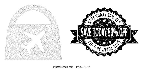 Save Today 50 percent Off scratched stamp seal and vector airport shopping mesh structure. Black stamp seal has Save Today 50 percent Off text inside ribbon and rosette. Abstract flat mesh airport