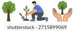 Save tree plantation concept illustration showing human planting sapling, green tree growth and hands protecting nature for environmental awareness. flat vector illustration