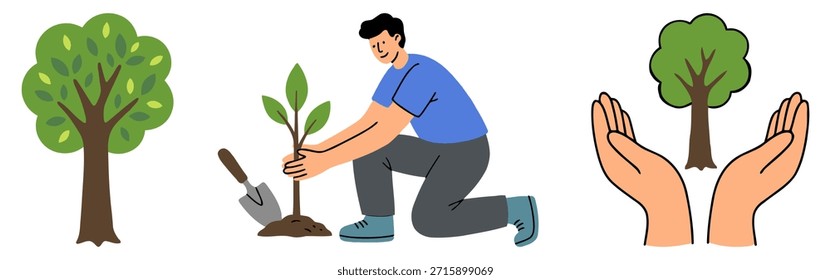 Guardar Ilustración del concepto de plantación de árboles que muestra el retoño de la plantación humana, el crecimiento del árbol verde y las manos que protegen la naturaleza para la conciencia ambiental. Ilustración vectorial plana