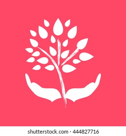 Save Tree white icon on magenta color background. Eps-10.