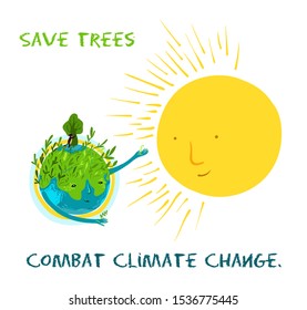 Save trees, combat climate change. Vector ecological illustration about the conservation of trees and plants on planet Earth. Cute character, conceptual illustration for banner, poster.