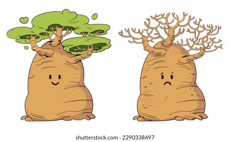 Save trees. Conceptual illustration on ecology with trees. Tree with green leaves and tree with fallen leaves. Find differences. Funny vector illustration. Comic style. Isolated on white background