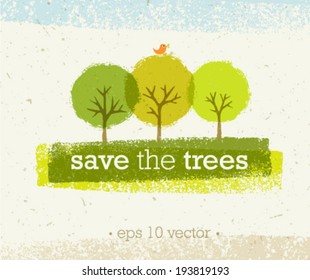 Save The Trees Creative Eco Green Organic Vector Design Concept On Recycled Paper Background