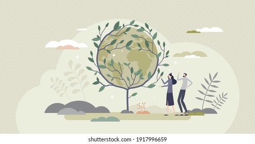 Save Trees And Forest Protection For Sustainable Future Tiny Person Concept. Environment Care And Preservation From Deforestation Vector Illustration. Nature Friendly Resource And Biodiversity Support