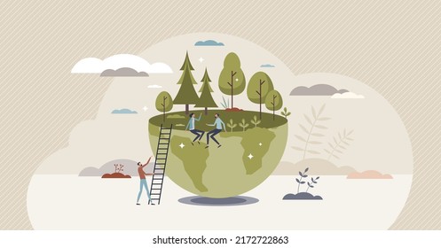 Save trees and protect green environmental resources tiny person concept. Nature conservation with eco friendly and responsible attitude vector illustration. Sustainable living in botanical ecosystem.