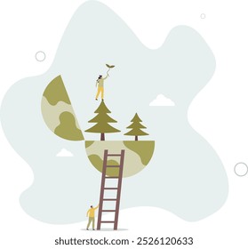 Guardar Los árboles y proteger los recursos ambientales verdes. Conservación de la Naturaleza con actitud ecológica y responsable. Diseño plano con personas.