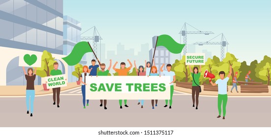 Save trees social protest flat vector illustration. Ecological movement, environmental activism concept. Activists with placards on street protesting against illegal construction cartoon characters