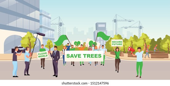 Save trees social protest flat illustration. Ecological movement, environmental protection event concept. Protestors with placards on street protesting against illegal construction, deforestation