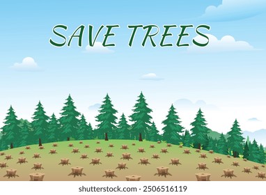Save Trees Template Design Vector, Cartoon, Trees, cutting, sky, land, trees Illustration