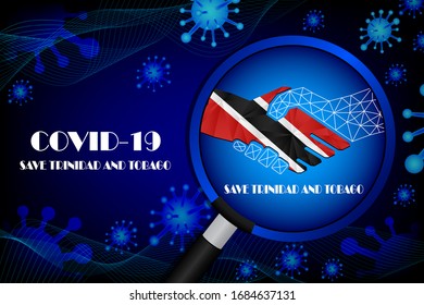 Save Trinidad and tobago for stop virus sign. Covid-19 virus cells or corona virus and bacteria close up isolated on blue background,
Poster Advertisement Flyers Vector Illustration.
