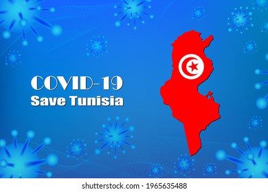 Save Tunisia stop the virus sign. COVID-19 virus cells, coronavirus or bacteria close up, isolated on blue background, Poster Advertisement Flyers Vector Illustration.