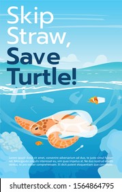 Save turtle brochure template. Pollution in ocean problem. Flyer, booklet, leaflet concept with flat illustrations. Vector page cartoon layout for magazine. Advertising poster with text space