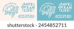 Save the turtles keep the sea plastic free badge sticker pack letterings quotes retro vintage aesthetic. Ocean life conservation activist printable world ocean day vector print graphic shirt design.