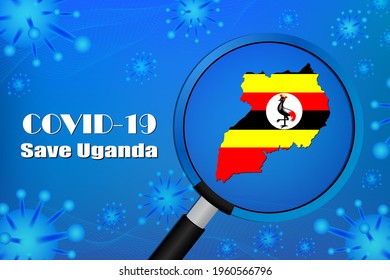 Save Uganda for stop virus sign. Covid-19 virus cells or corona virus and bacteria close up isolated on blue background,Poster Advertisement Flyers Vector Illustration.
