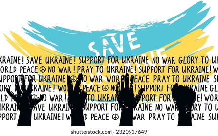 Save Ukraine banner with brush stroke blue and yellow colors.No War,World peace,Pray to Ukraine-seamless border of inscription hand written.Grunge silhouettes of palms. Vector flat illustration.