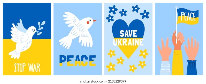 Save Ukraine concept banner set with Ukraine national flag, pigeon and heart shape. Childish print for social media, poster and banner design
