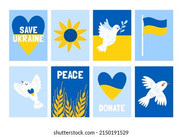 Save Ukraine concept banner set with Ukraine national flag, pigeon and heart shape. Childish print for social media, poster and banner design