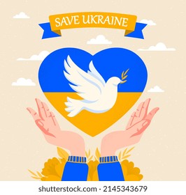 Retten Sie das Konzept der Ukraine. Die Hände des ukrainischen Volkes halten das Herz mit gelber blauer Flagge und weißer Taube. Beendigung des Krieges und der militärischen Aggression Russlands. Bete und Friedensplakat. Cartoon-Flavektor-Vektorgrafik