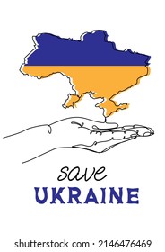Salven a Ucrania. Continuo dibujo de una línea de mano con mapa ucraniano en colores azul y amarillo de la bandera ucraniana. Símbolo patriótico. Ilustración del vector