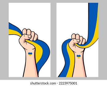 Save Ukraine demonstration, Stop War peaceful protest poster. Human arm fist with Ukrainian flag. Background vector illustration with copy space of raising hand.