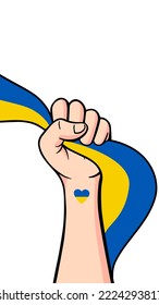 Save Ukraine demonstration, Stop War peaceful protest poster. Human arm fist with Ukrainian flag. Background vector illustration with copy space of raising hand.