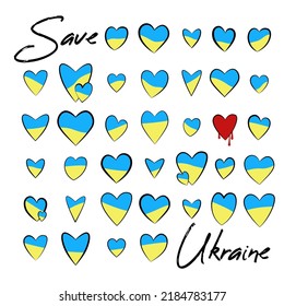 Rettet die Ukraine. Flagge der Ukraine in Form von Herz, Symbol der Liebe für sein Land