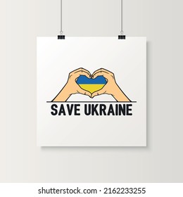 Rettet die Ukraine. Handgesten in der Form eines Herzens mit ukranischer Flagge. Symbol der Unterstützung Ukraine. Kein Krieg. Vektorgrafik. Slogan, Ruf nach Frieden in der Ukraine. Hör auf zu Krieg. T-Shirt, Plackard Print