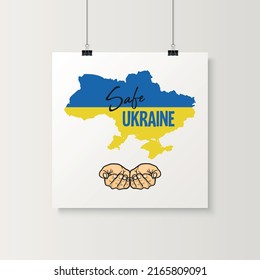 Save Ukraine. Hand Gesture with Ukranian Map and Flag. Symbol of Support Ukraine. No War. Vector Illustration. Slogan, Call for Peace in Ukraine. Stop War. Tshirt, Plackard Print