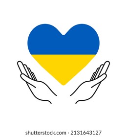 Save Ukraine. Hands holding a heart in blue and yellow tones. Vector Illustration.